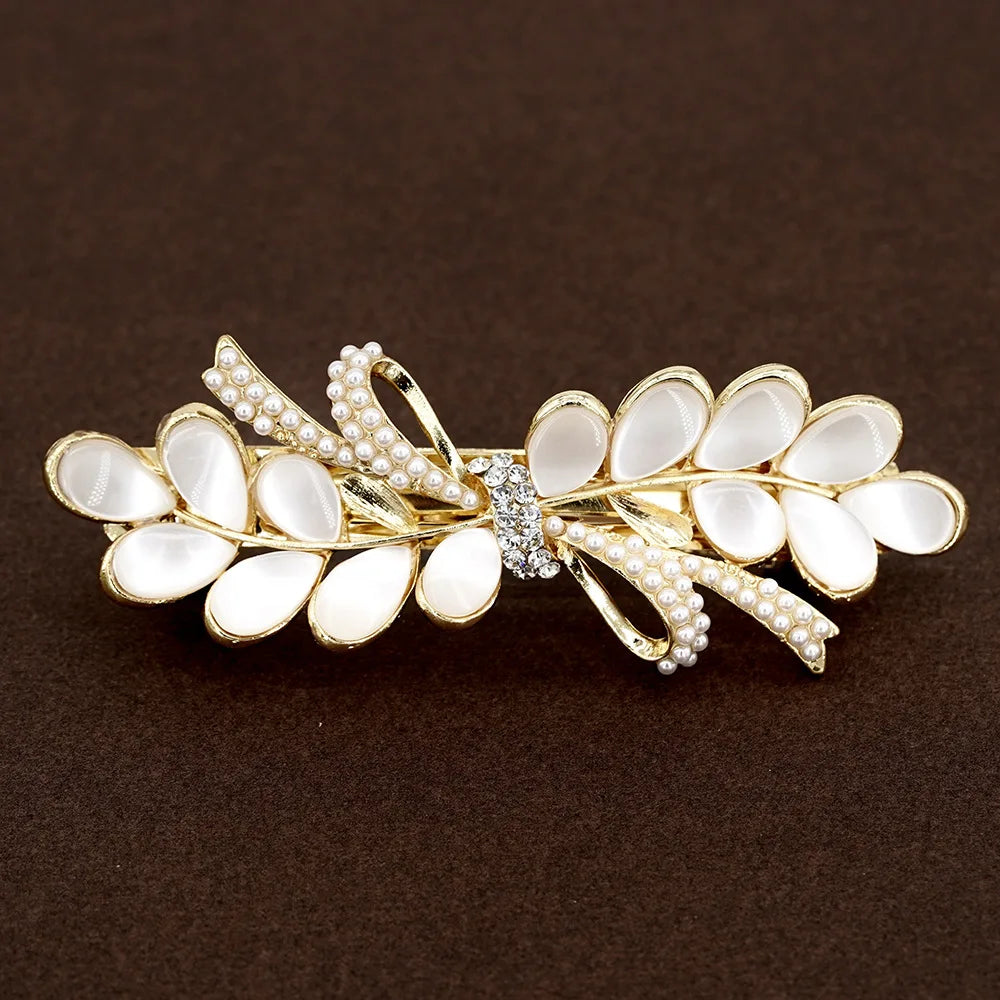 New Korean white flower pearl spring clip boutique opal bowknot horizontal clip temperament female fashion hair accessories MHM-01-078-02