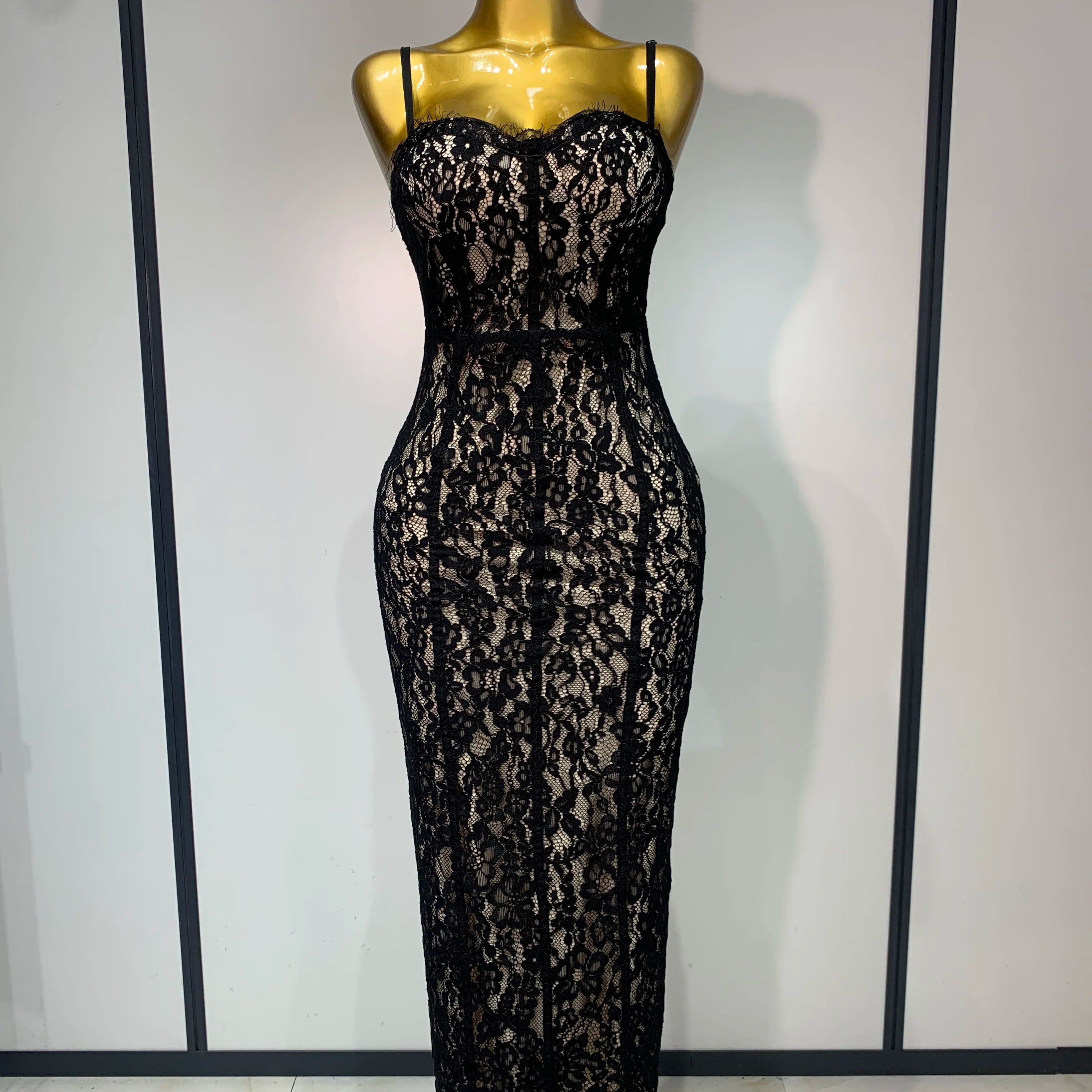 Women Sleeveless Sexy Black Lace Bodycon Long Dress Nightclub Party Celebrate Birthday Evening Party Wedding Guest Prom Gowns black