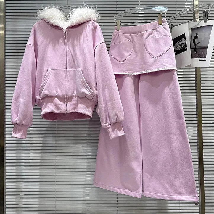 Winter New Sweet Furry Lined Hooded Sweatshirt For Women Elastic Waist Heart Pattern Fleece Long Casual Pants 11A07893