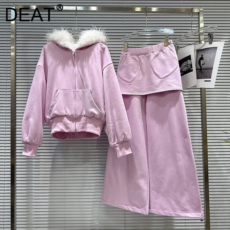 Winter New Sweet Furry Lined Hooded Sweatshirt For Women Elastic Waist Heart Pattern Fleece Long Casual Pants 11A07893