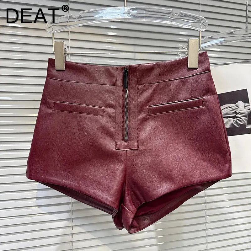Winter New Fashion Metal Zipper Design PU Leather Shorts For Women Solid Color Wide-leg Short Pants Female 11A07469