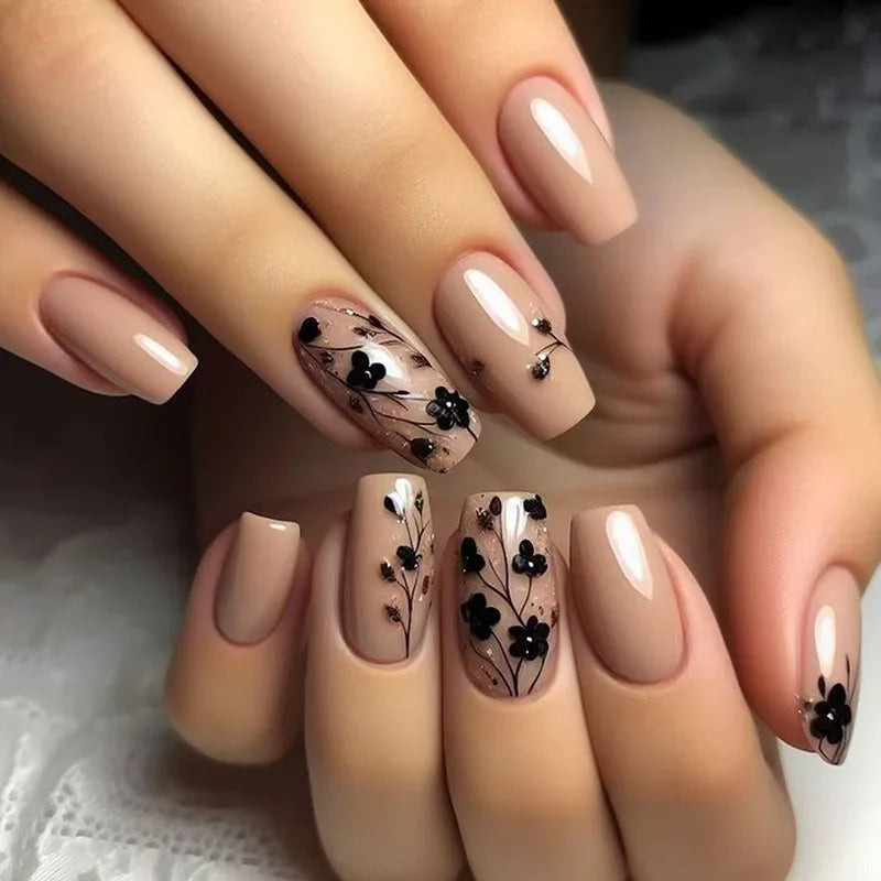 24Pcs Fashion Fake Nails Press on Long Ballet False Nails Art with Flower Design Brown Detachable Full Cover Nail Tips Manicure 1714