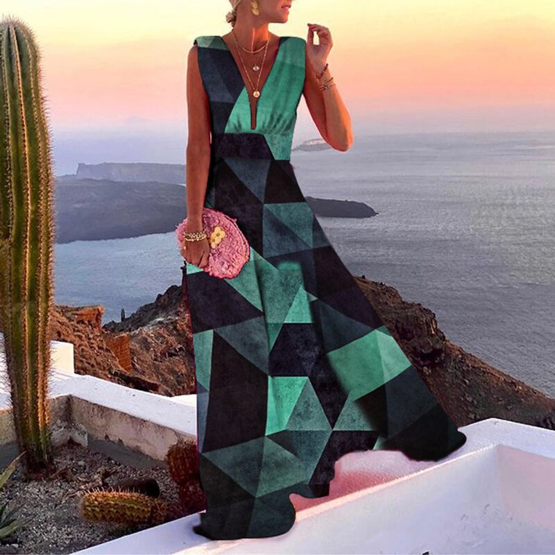 V Neck Maxi Dresses Printed Sleeveless Sling Holiday Dress style 2 green