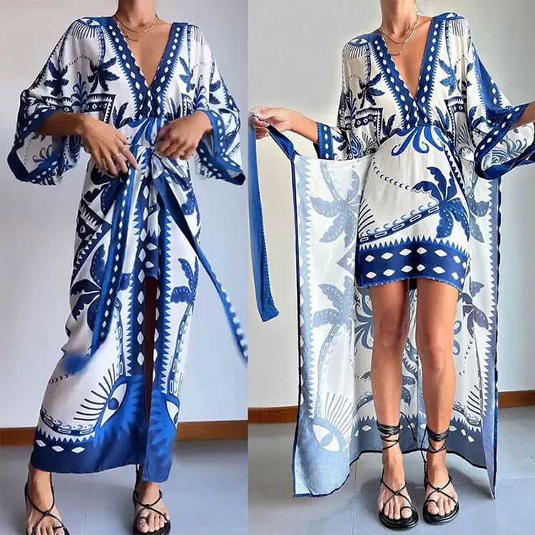 Vintage Bule Print Lace Up Midi Dress Women V Neck Half Sleeve High Waist Vestidos Spring Summer Casual Beach Robes Female