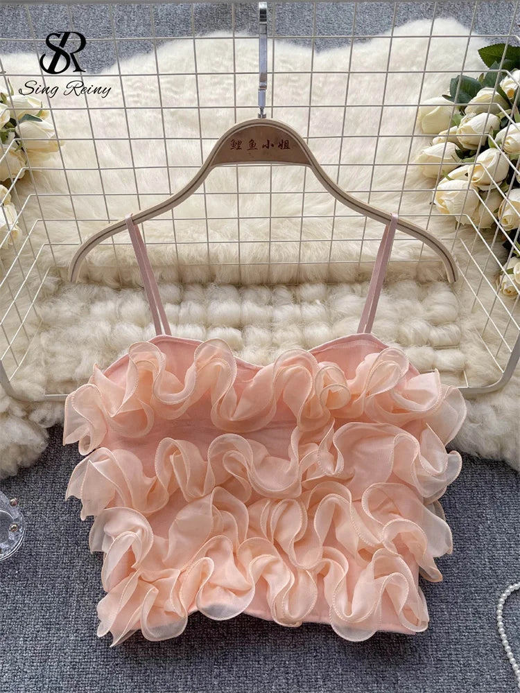 SINGREINY French Style Sheath Solid Sexy Camisole Female 3D Flowers Elastic Tops Ladies Holiday Short Sweet Streetwear Camis light pink One Size