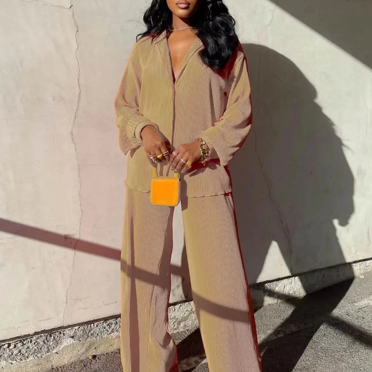 Pleated Solid Women Set Long Sleeve Shirts and Straight Wide Leg Pants Suits Tracksuit Two Piece Set Fitness Outfits Khaki