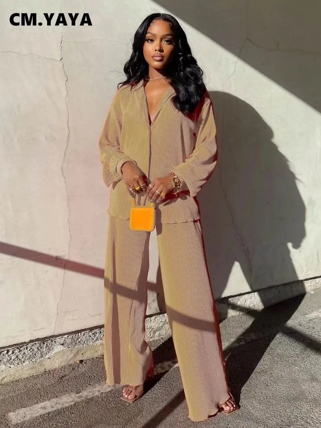 Pleated Solid Women Set Long Sleeve Shirts and Straight Wide Leg Pants Suits Tracksuit Two Piece Set Fitness Outfits Khaki