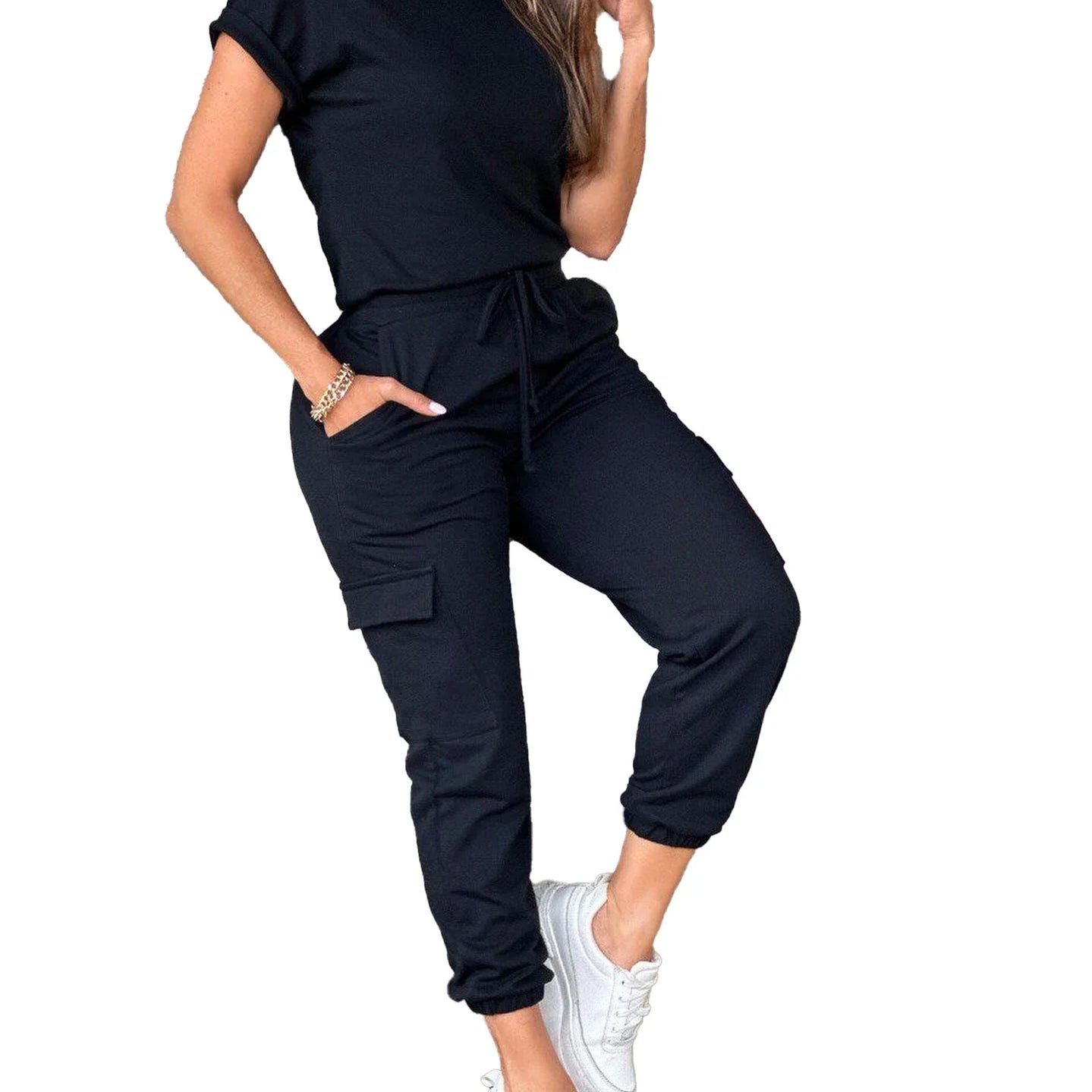 spring and summer new solid color overalls urban jogger sports suit black