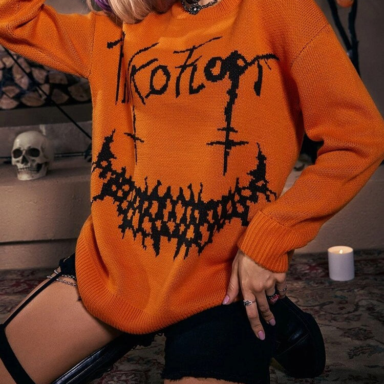 Yangelo Halloween Gothic Letter Pattern Knitted Sweater Punk Street Retro Basic Women's Fall Winter Warm Loose Sweater
