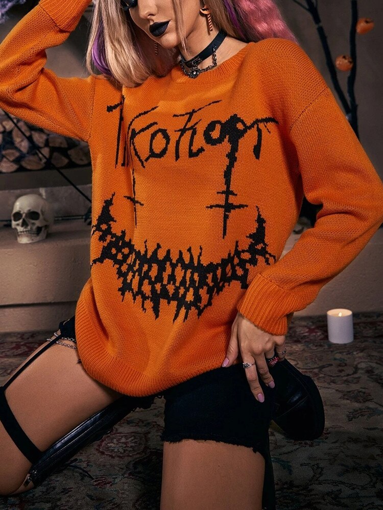 Yangelo Halloween Gothic Letter Pattern Knitted Sweater Punk Street Retro Basic Women's Fall Winter Warm Loose Sweater