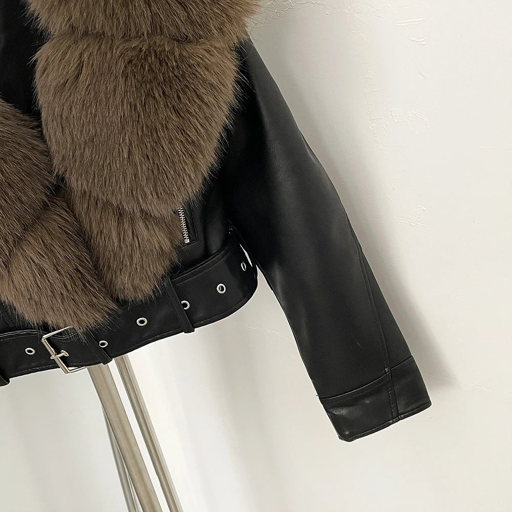 Faux Fur Coat Female Autumn Faux Leather Jacket Short Clothing Long Sleeve Spring New PU Fur Jacket Artificial Women Pockets