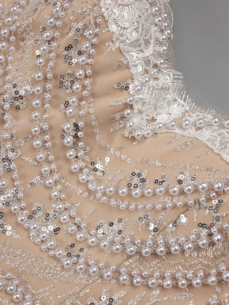 Women'S Evening Dress Luxury Pearl Chain Eelgant Mermaid Maxi Long Gown With Gloves Celebrity Party Vestidos