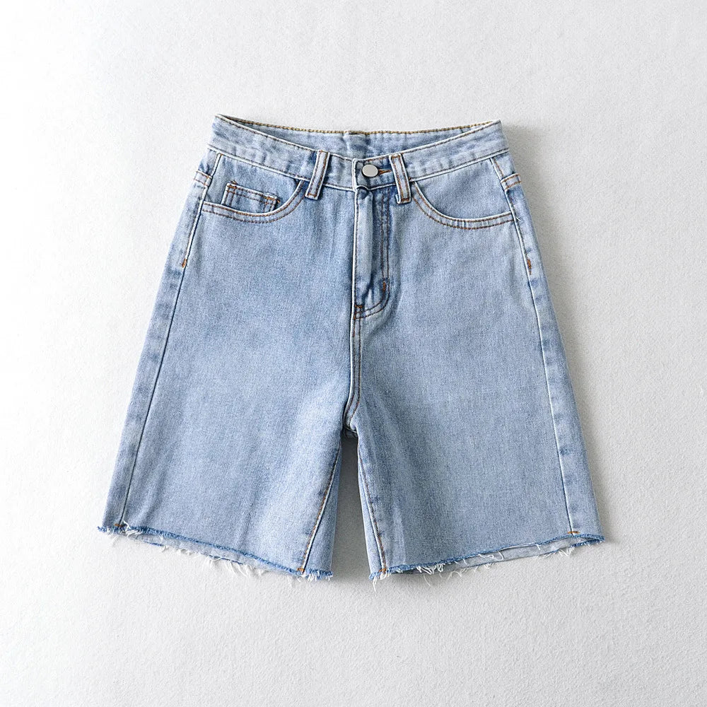 Women High Waist Wide Leg Denim Shorts Tassel Summer Fashion Streetwear Casual Solid Color Female Loose Stright Jeans blue