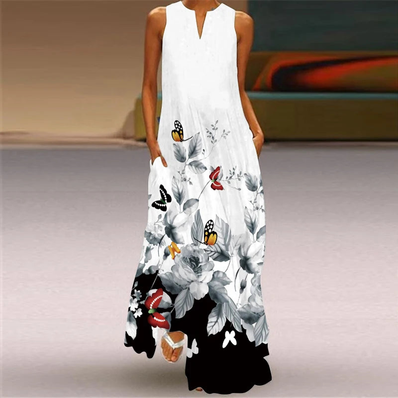 Fashionable Women's Hollow V-neck Maxi Dress Fresh Flower Print Sleeveless Loose Straight Beach Seaside Vacation Long Dress B43QZXG72785