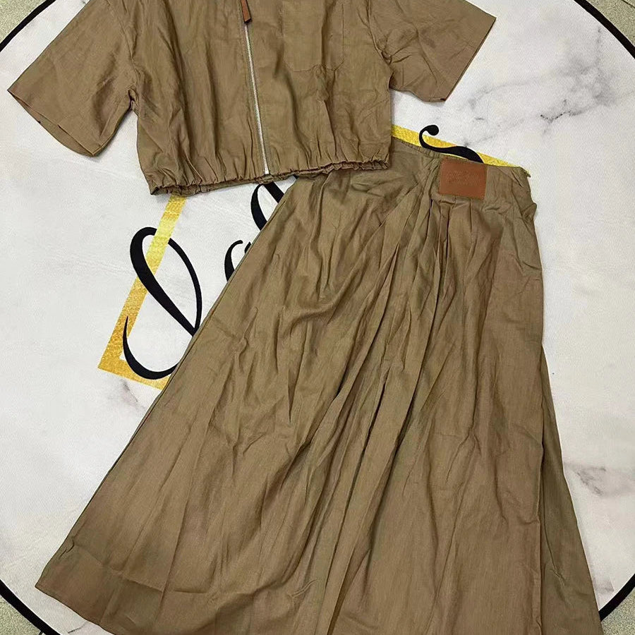 Solid Causal Two Piece Sets for Women Lapel Short Sleeves Spliced Zipper Top High Waist Skirt Set Female Fashion KHAKI