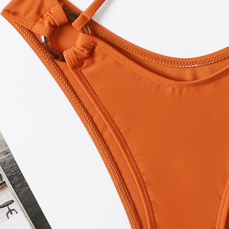 Sexy Brown Halter Swimwear - High Cut Ring Hollow One Piece Swimsuit Monokini Cross Backless Bathing Suit