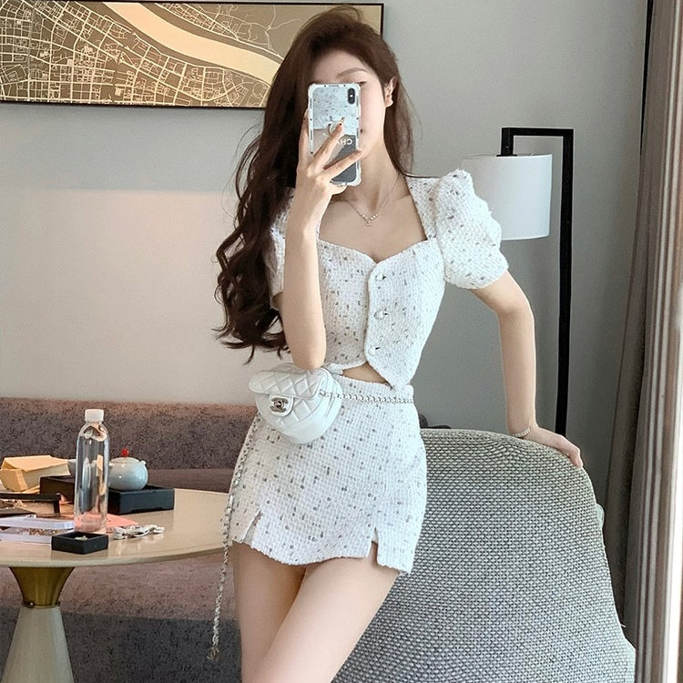Small Fragrant Skirt Suit Tweed Short Coat Puff Sleeve Two Piece Set Female 2024 Summer Fashion Skirt for Women Korea Fashion