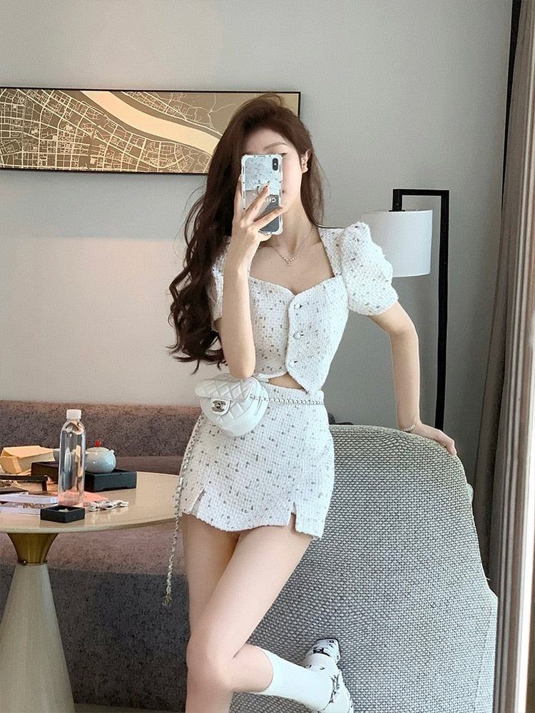 Small Fragrant Skirt Suit Tweed Short Coat Puff Sleeve Two Piece Set Female 2024 Summer Fashion Skirt for Women Korea Fashion