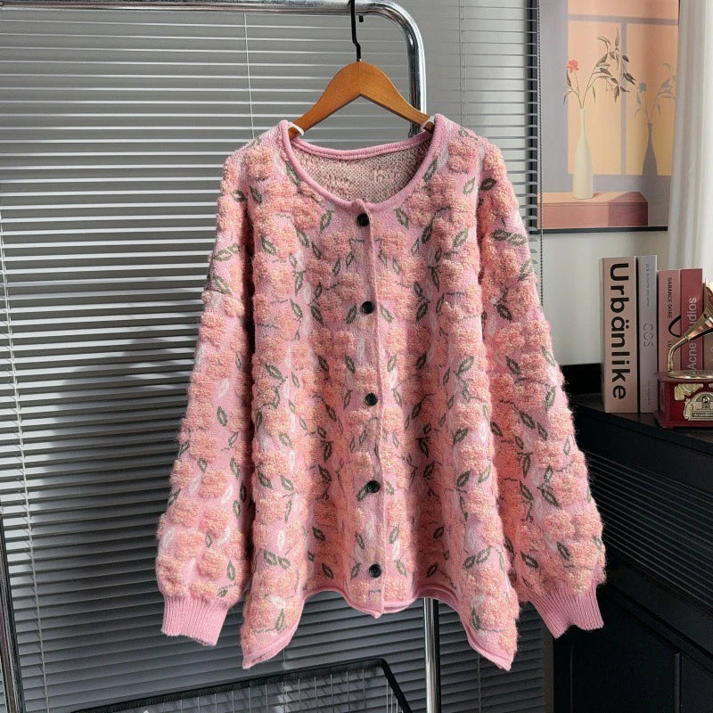 Autumn Winter New Heavy Jacquard Knitted Cardigan For Women Casual Loose High-End Lazy Style Sweater Coat 11A07748 Pink One Size