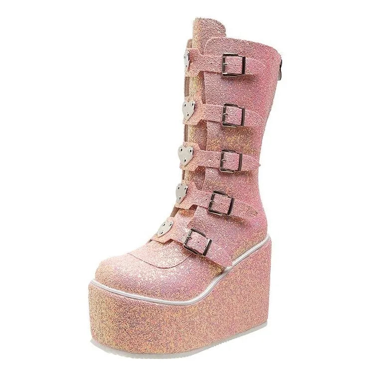 Punk Women Sequin Boots Ladies Cosplay High Boots Comfort Long Tube Boots Pink Platform High Wedges Women Shoes Gothic Boots Pink