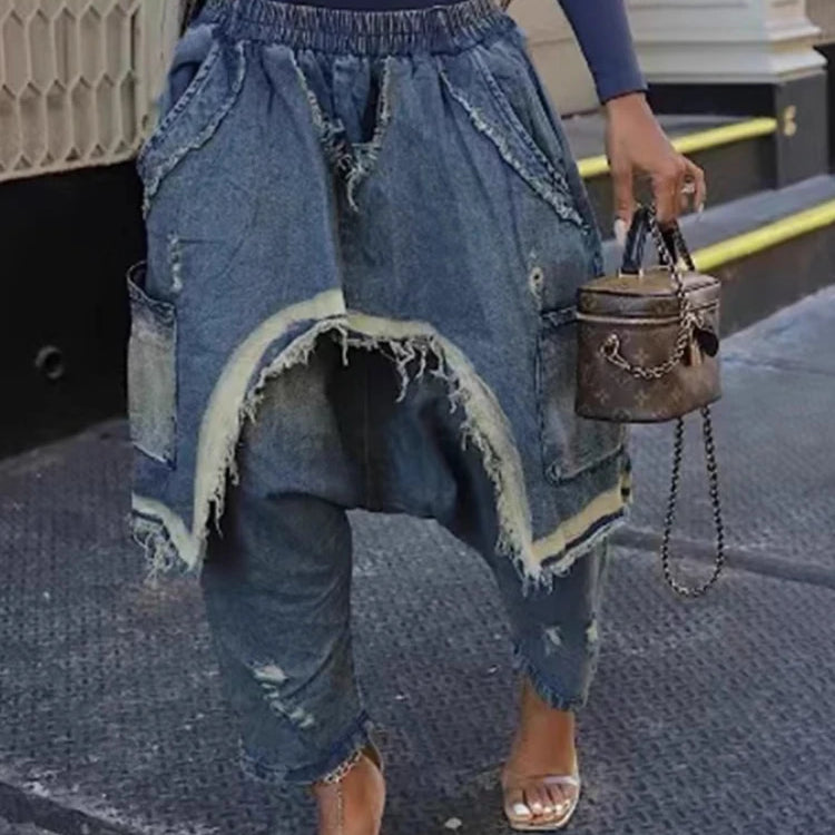 CM.YAYA Women Streetwear Ripped Out Hole Denim Pants 2025 Fall Autumn Loose Safari Style Cargo Harem Hip Hop Jeans