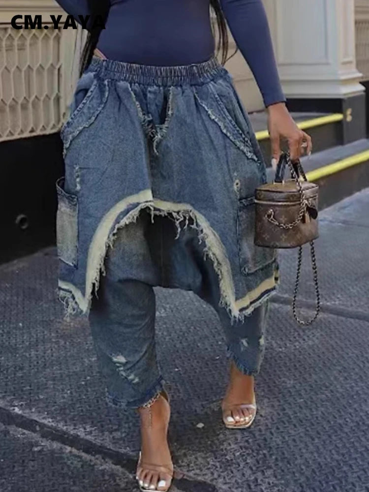 Women Streetwear Ripped Out Hole Denim Pants 2025 Fall Autumn Loose Safari Style Cargo Harem Hip Hop Jeans