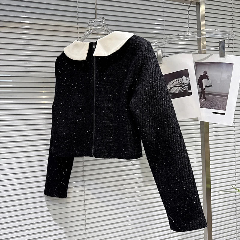 Winter New Style Fashion Back Zipper Design Contrast Color Short Tops For Women Chain Cake Skirt Female 11A07648