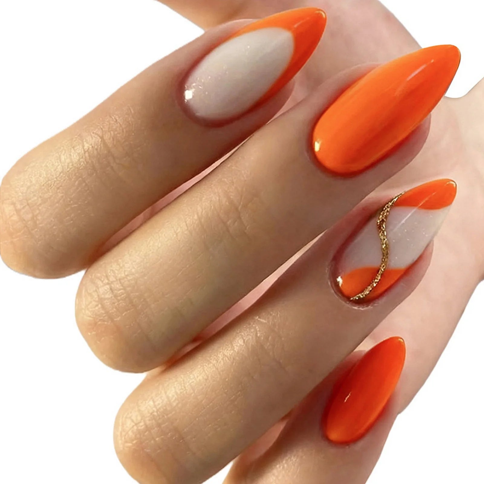 24Pcs Almond Fake Nails Women Girls New Year Party Press On Nails Red/Brown/Orange French False Nails DIY Charm Manicure Y 3