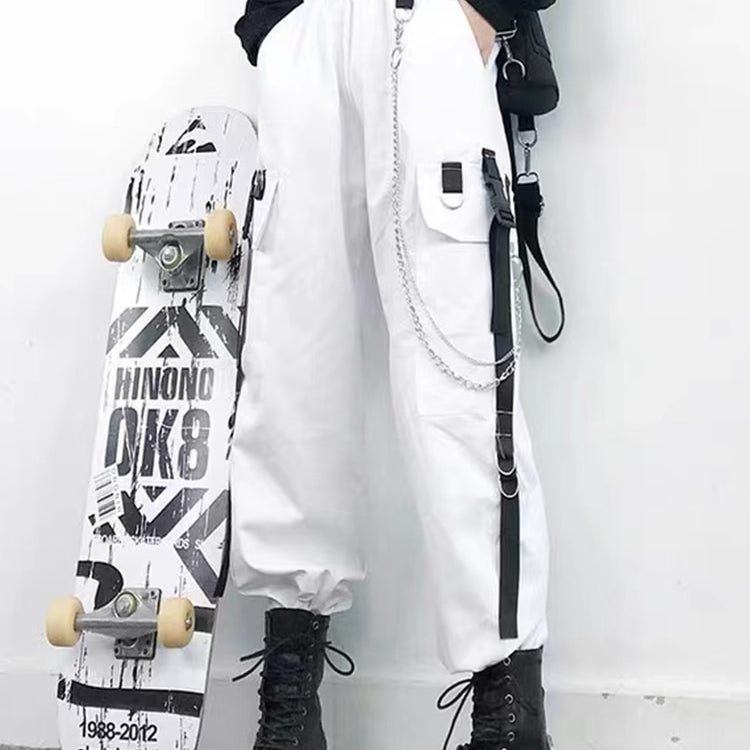 Women Cargo Pants Harem Pants Fashion Punk Pockets Jogger Trousers With Chain Harajuku Elastics High Waist Streetwear