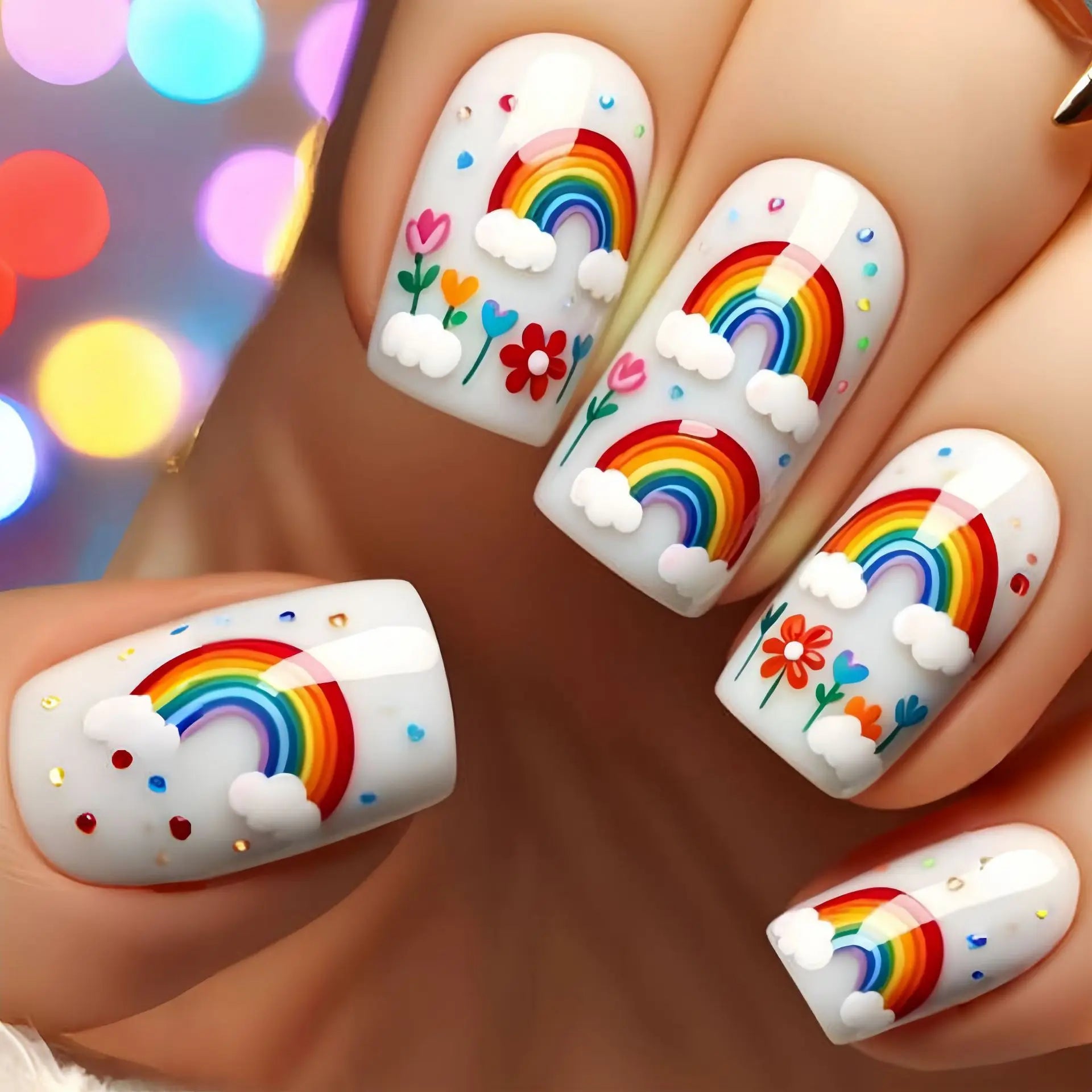 24Pcs Pink Sweet Press on Nails Square Head Colorful Cute Wearing Nail Art with Candy Dessert Design Removable Fishion Manicure 2