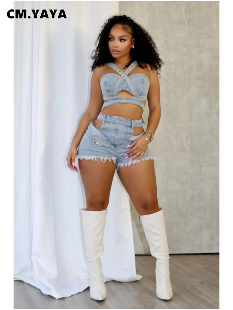 CM.YAYA Fashion Denim Cutout Women's Set Wrap Strap Crop Top and Shorts Jeans 2025 Summer Two 2 Piece Sets Outfits Tracksuit