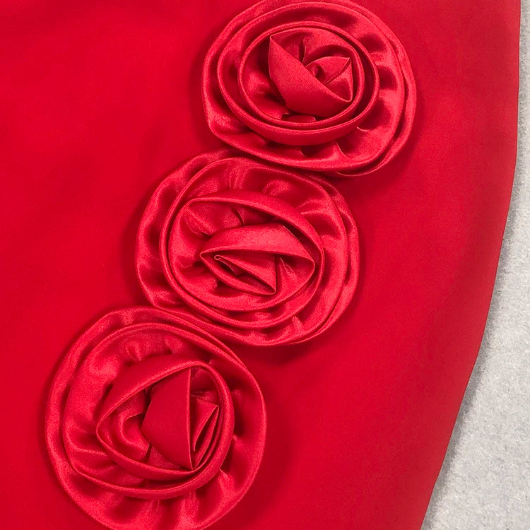 Stylish Chic Casual Red High Waisted Midi Bandage Dress Three Dimensional Roses and Slits Party Outdoor Skirt