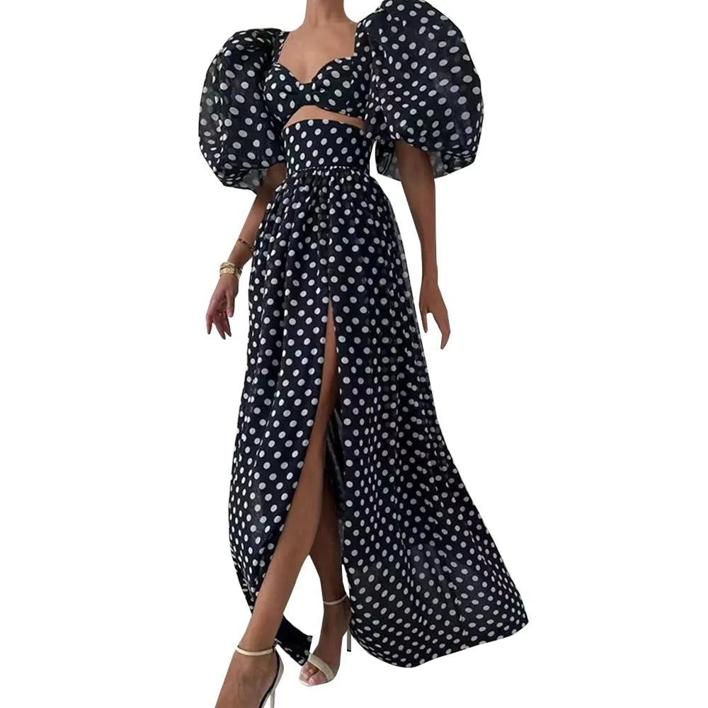 elegant Polka dot two piece sets square collar puff sleeve tops high waist split skirt chic set female fashion 2023 BLACK