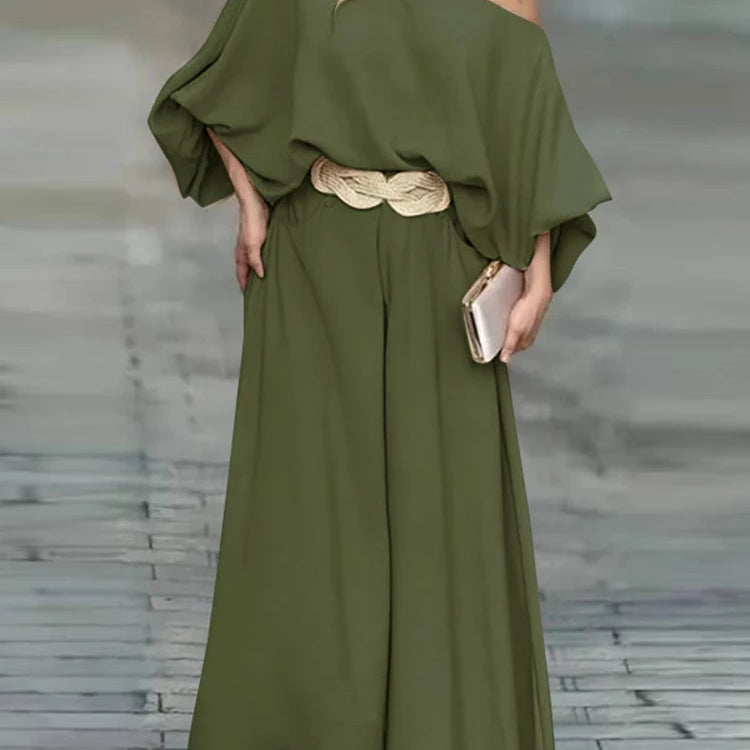 Plus Size VONDA Women Outfits Casual Slanted Collar Tops Elastic Waist Wide Leg Pant Sets 2024 Elegant Solid Pants Suits 2PCS green