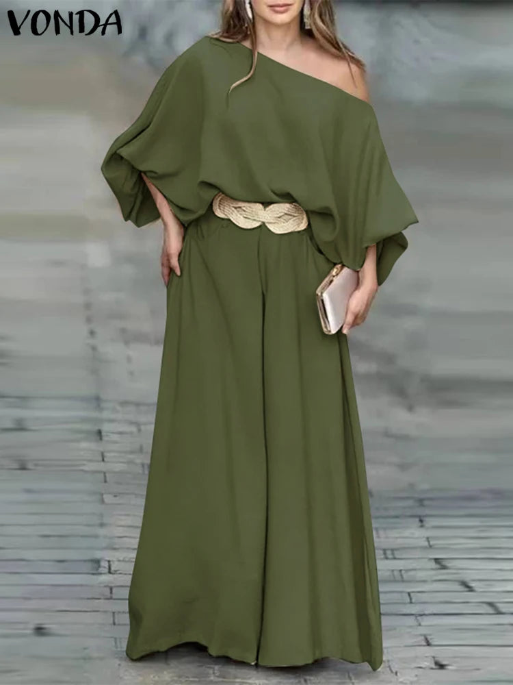 Plus Size VONDA Women Outfits Casual Slanted Collar Tops Elastic Waist Wide Leg Pant Sets 2024 Elegant Solid Pants Suits 2PCS green