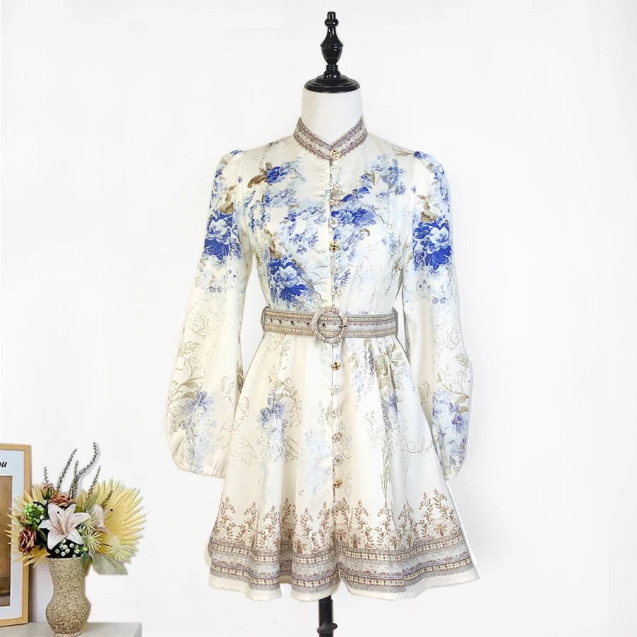 Real Shot In Stock 2025 Spring Summer New Printed Single-Breasted Exquisite Flower Button Short A-Line Dress + Belt Color