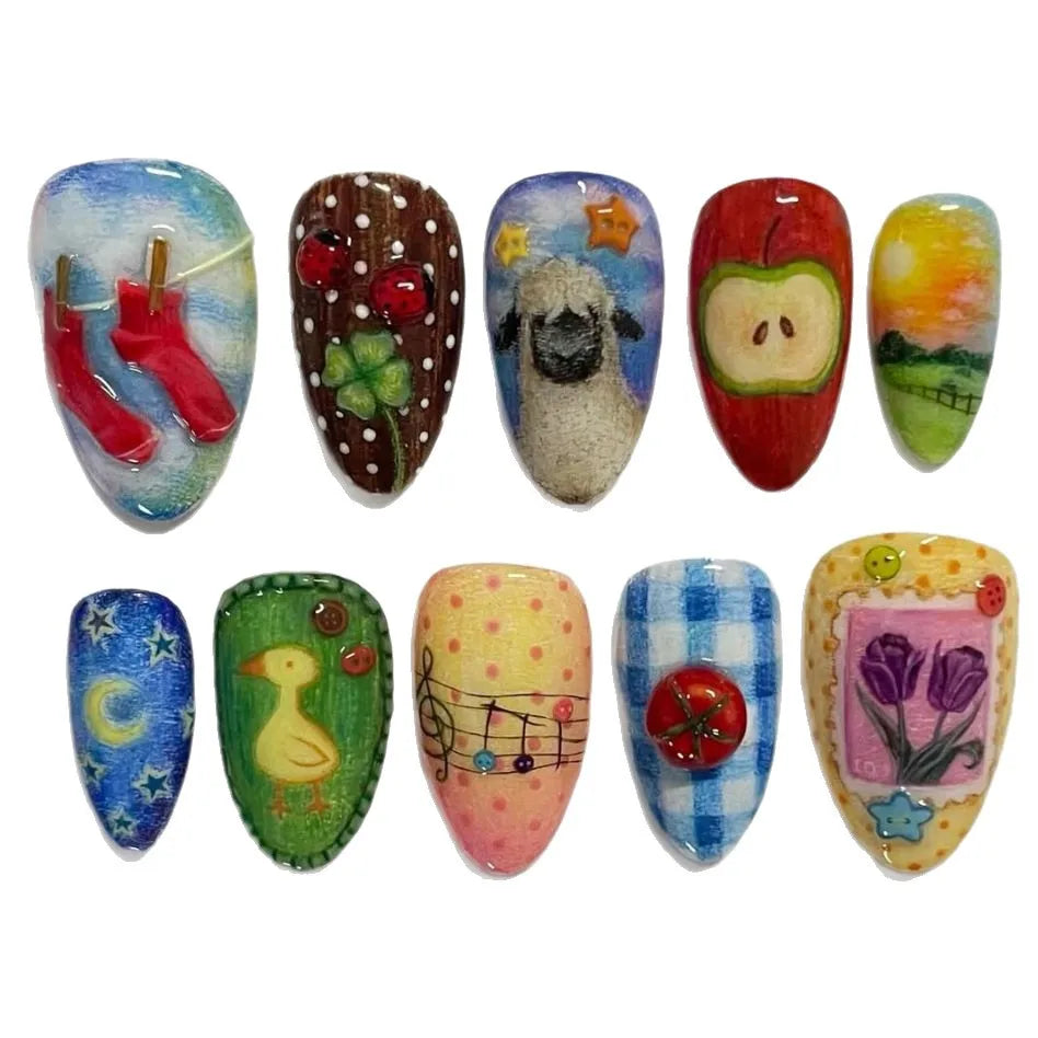 24pcs Cute Cartoon Fake Nail Tips Oil Painting Series Printed Almond Press On Nail Sweet Cool Charming False Nail For Spicy Girl