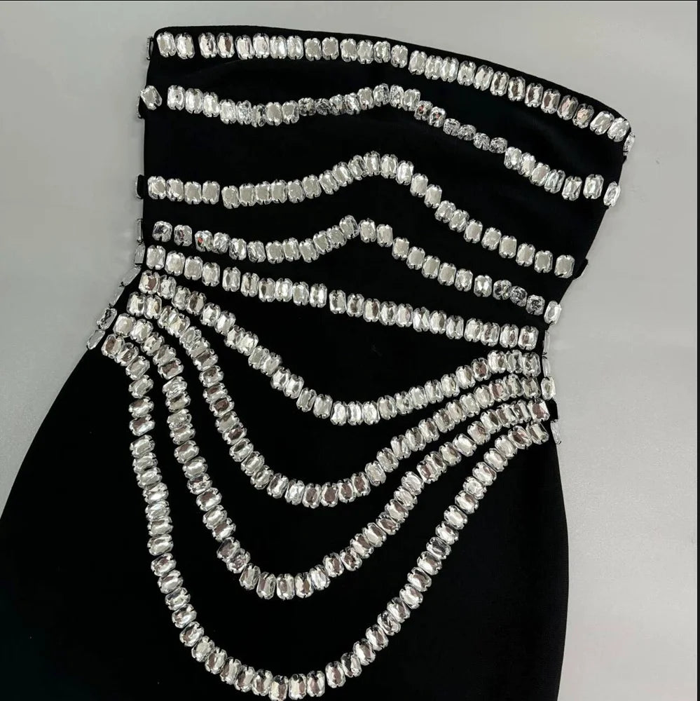 2025 New Spring Women Sexy Strapless Big Crystal Bodycon Long Bandage Dress Celebrate Evening Party Fashion Cocktail Dress