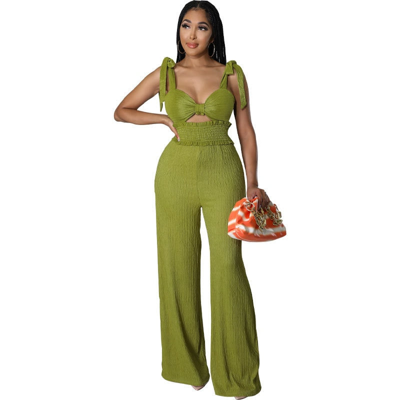 Zabrina 2024 Summer Casual One Piece Jumpsuits For Women Solid Sleeveless Lace Up Backless Pants Street Trendy Female Overalls Green