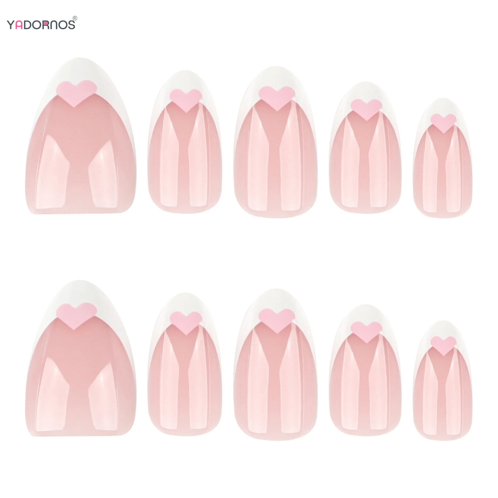 Short Almond Fake Nails 24Pcs White French Press On Nails Pink Love Heart Printed Women Girls Valentine's Day Charm Manicure