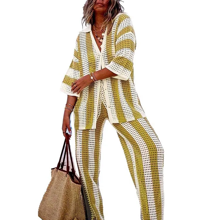 Summer Outfits for Women Vacation Hollow Out Sweater Shirt and Trouser Lady Casual Sexy Plus Size Sets 2 Piece Pants Sets Wide Yellow