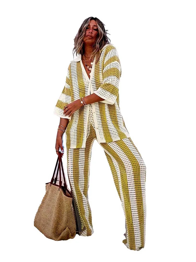 Summer Outfits for Women Vacation Hollow Out Sweater Shirt and Trouser Lady Casual Sexy Plus Size Sets 2 Piece Pants Sets Wide Yellow