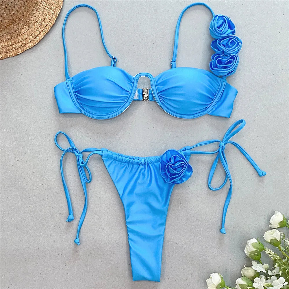 Sexy 3D Flower Blue Push Up Bikinis Set Women Wrinkled Underwired Swimwear Micro Thong Swimsuit Bathing Suit Bikini Mujer blue