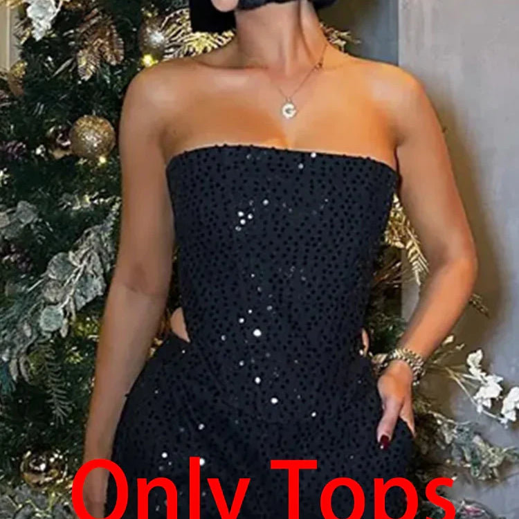 BKQU Fashion Sequins 2 Piece Pants Set Women Sexy Strapless Tank Tops and Loose Long Pants Female Luxury Party Club Chic Outfits Black Only Tops