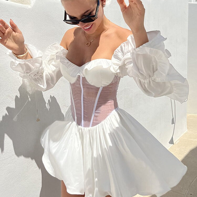 Red Printed Sexy Perspective Show Waist Lace Long Sleeve Mini Dress For Women Summer Beach Dresses Vestidos White