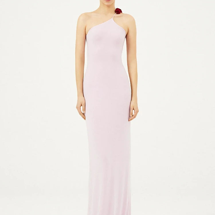 Women'S Pink Dress Elegant And Pretty Maxi Gown 3D Flower Design Diagonal Collar Sleeveless Formal Party Vestidos