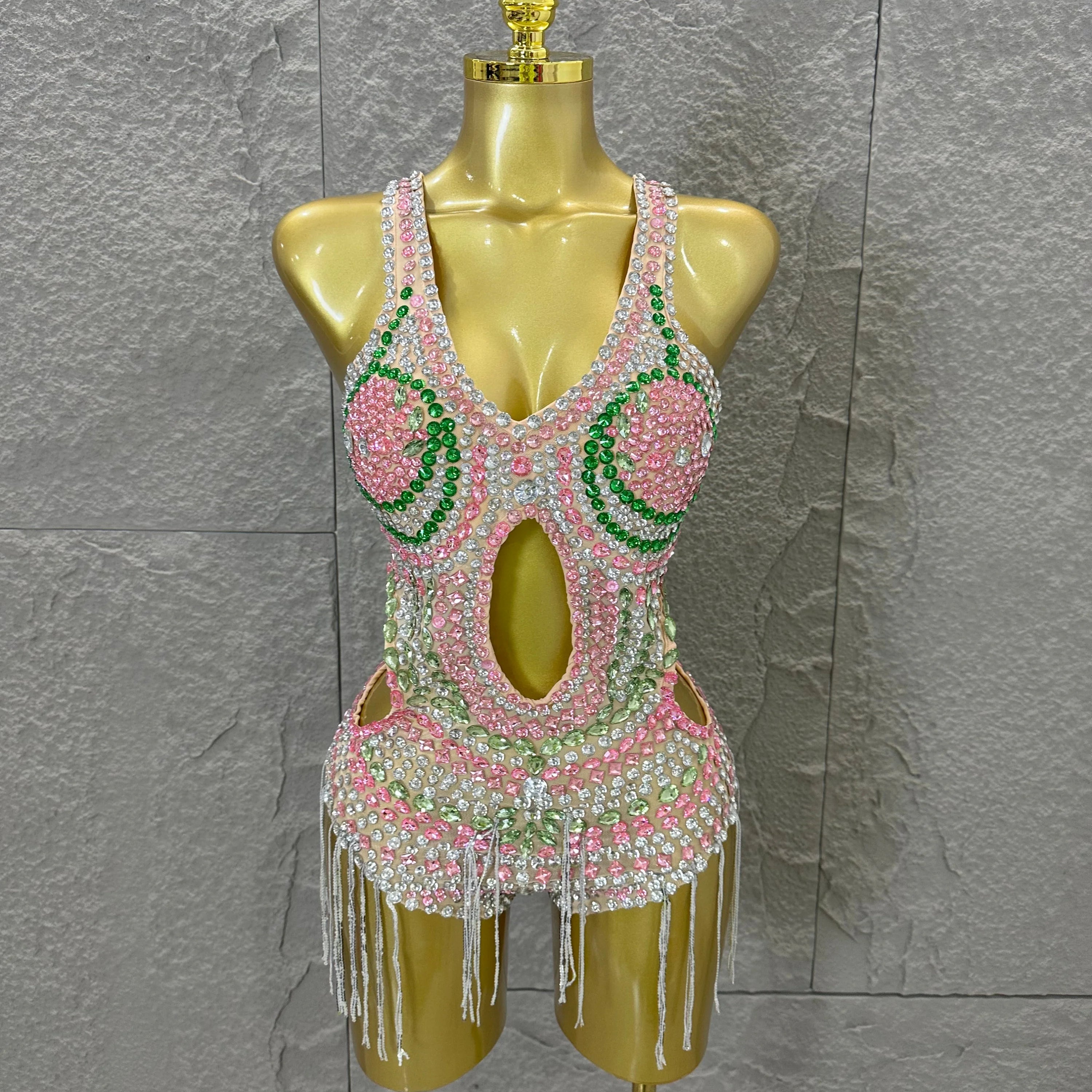 Sexy 2026 Crystal Bodysuit Women Sexy U-Neck Sheer Mesh Cutout Rhinestone Fringe Bodycon Outfit Nightclub Party Costume