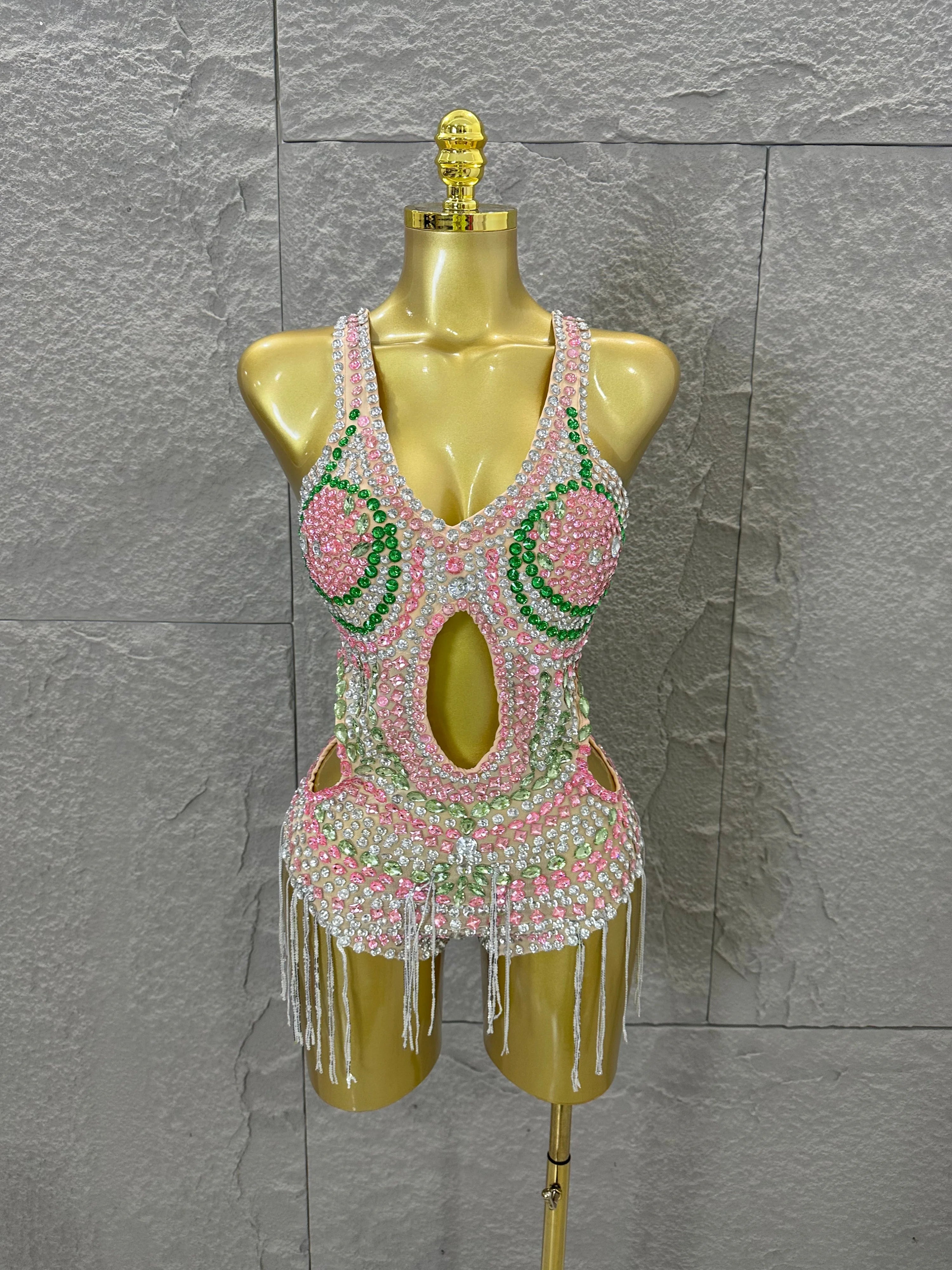 Sexy 2026 Crystal Bodysuit Women Sexy U-Neck Sheer Mesh Cutout Rhinestone Fringe Bodycon Outfit Nightclub Party Costume