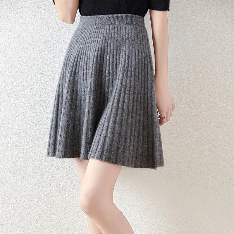 Korean Skirt 100% Merino Wool Women's Knitted Mini Skirt Autumn and Winter Women's Fashion Solid Color Small Umbrella Skirt