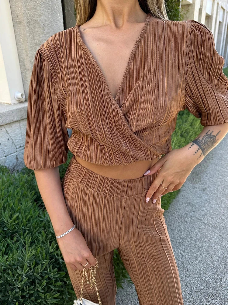 Pant Sets Summer Outfits for Women Casual Straight Leg Trouser Set New Solid Color Suit Short Sleeve V-Neck Two Piece Set Brown